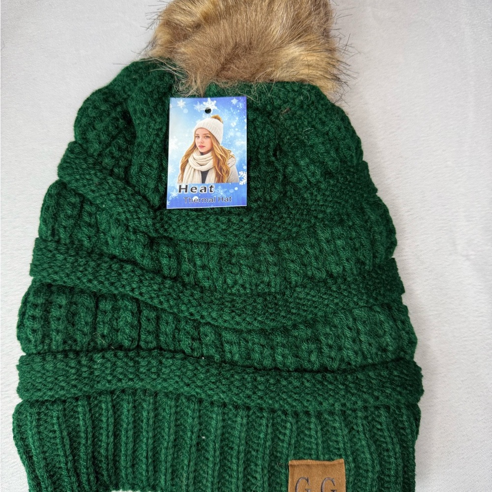 GG Green Knit Beanie, Lined with Faux Fur Pom